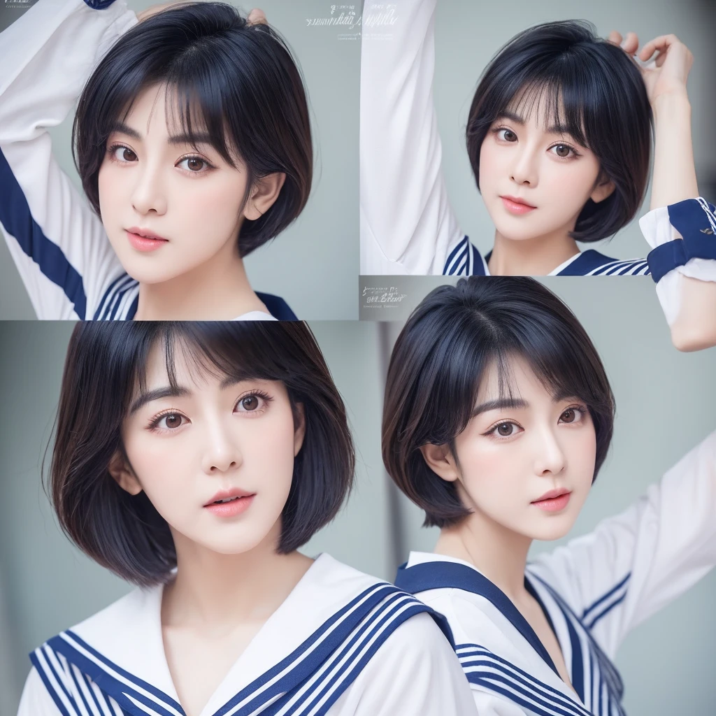 Create an image of a beautiful Korean woman with short hair styled like Sailor Uranus. She has big, round eyes and a charming facial expression." Hair style nike ardilla he is talent woman from indonesian year 1985