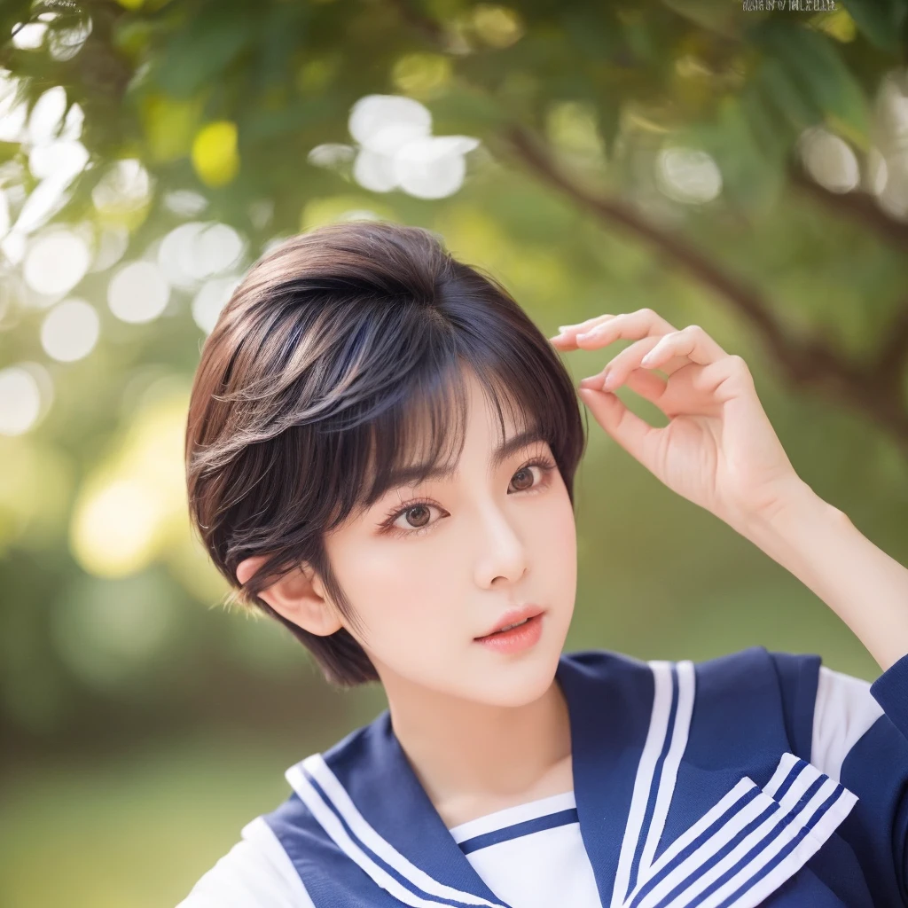 Create an image of a beautiful Korean woman with short hair styled like Sailor Uranus. She has big, round eyes and a charming facial expression." Hair style nike ardilla he is talent woman from indonesian year 1985