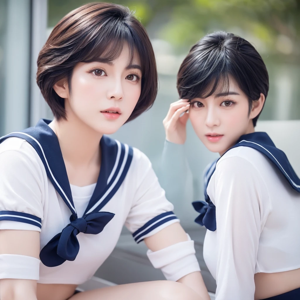 Create an image of a beautiful Korean woman with short hair styled like Sailor Uranus. She has big, round eyes and a charming facial expression." Hair style nike ardilla he is talent woman from indonesian year 1985