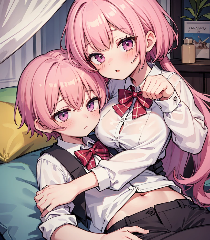 masterpiece, Highest quality, so beautiful, absurdists,High resolution,One girl, One boy,Cuddling in bed, like,sexly,Look at each one, blush,Age difference,bow tie,blondes,chest,Long Hair,Pink Hair,Tucked in shirt,short hair,skirt,Tent shirt,Slut,Big breasted sister and brother,Siblings, trousers,Pushing her big tits against her brother,(My brother's small erect penis),((((姉のvery huge breasts,Sister crushes her big tits in her brother's face)))),(((((Very huge breasts))))),(((((small penis,NSFW,Soft Very HUGE breasts))))),((Bursting Breasts,弟の顔を隠すHuge breasts)),((((((((Huge breasts,Large Breasts,とてもLarge Breasts、すごくLarge Breasts、とてつもなくLarge Breasts)))))))),Two people gazing at each other