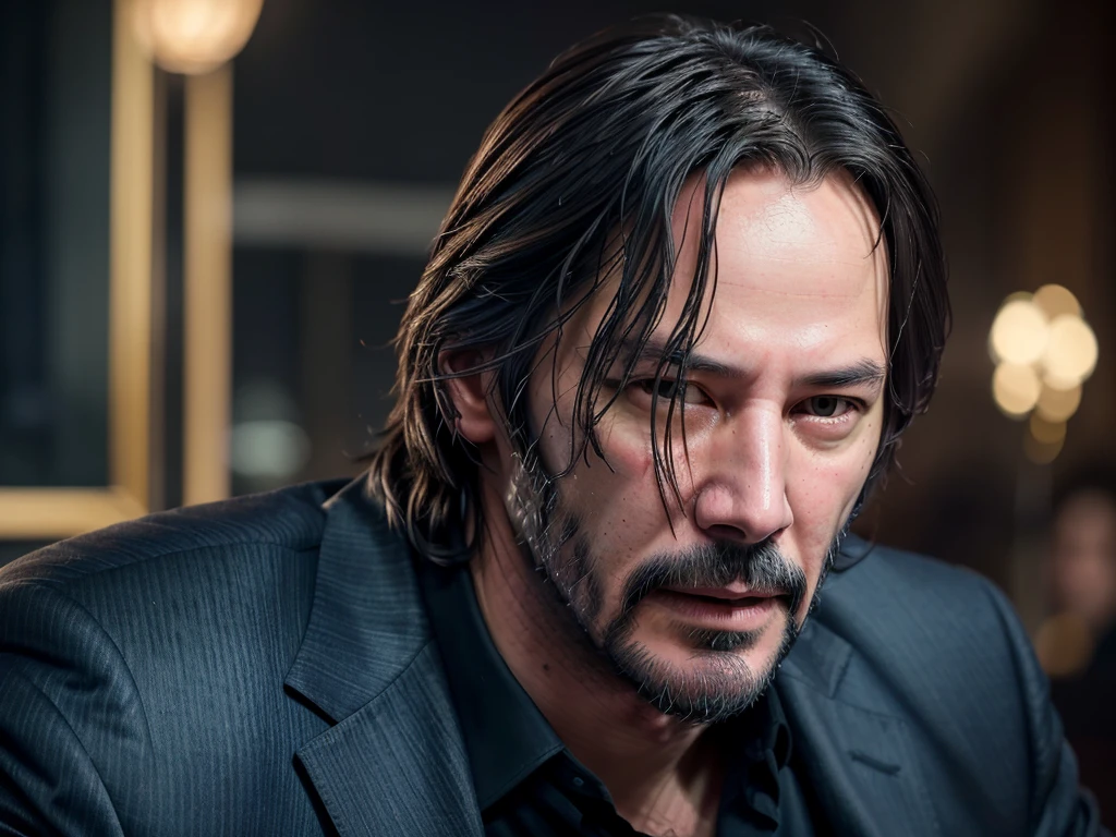 Certainly! Here's a detailed AI prompt for creating an image of John Wick (Keanu Reeves) in the style of Van Gogh, using beautiful colors and rendered in HD, 8K, ultra detail:

---

**Prompt:**

Create an ultra HD, 8K quality image of John Wick (Keanu Reeves), reimagined in the style of Vincent van Gogh. The painting should be detailed and vibrant, showcasing Van Gogh's iconic brushstrokes and bold use of color.

1. **John Wick:**
   - Capture the intense and focused expression of John Wick, with his rugged features and sharp gaze.
   - His face should be rendered with Van Gogh's signature swirling brushstrokes, using a mix of deep browns, earthy tones, and subtle highlights of blue and green to add depth and emotion.

2. **Color Palette:**
   - Use vibrant and rich colors to bring the painting to life. Incorporate deep blues, vivid yellows, and bold reds, alongside the darker, more somber hues characteristic of John Wick's world.
   - The background should be a swirling mixture of dark blues and purples, reminiscent of Van Gogh's "Starry Night" sky, with touches of gold and crimson to create a sense of drama and intensity.

3. **Brushstrokes:**
   - Employ Van Gogh's dynamic, thick brushstrokes to add texture and energy to the painting.
   - John Wick's hair and beard should be depicted with flowing, swirling strokes, blending shades of black, brown, and silver to create a sense of movement and life.

4. **Background:**
   - The background should feature Van Gogh's distinctive style, with an urban landscape that includes swirling city lights and shadowy buildings painted in bold, swirling strokes.
   - Include elements such as a moonlit sky or a starry night above the city, filled with swirling stars and celestial patterns, adding a dreamlike quality to the scene.

5. **Details:**
   - John Wick's suit should be rendered with a mix of deep blacks, dark blues, and purples, using thick, textured brushstrokes to capture the fabric's movement and depth.
   - Subtle hig