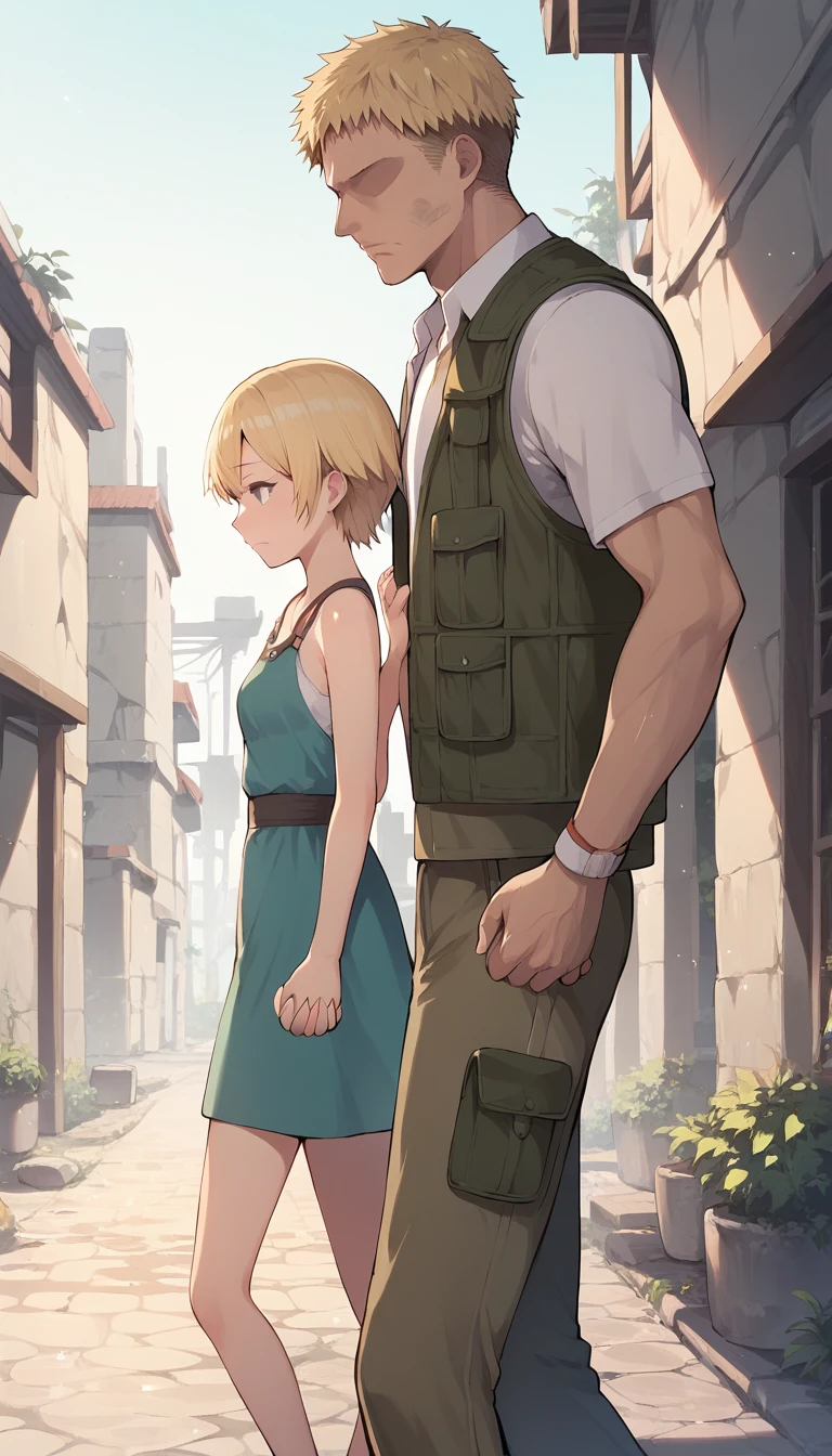 score_9, score_8_up, score_7_up, source_anime BREAK 
1girl, 14yo, _young, from side, small breasts, (girl dirty casual dress), holding hands, blonde short hair, grey eyes, sad face, town ruins, outdoors, walking, ((size difference:1.5)), faceless male, male face out of frame, (male cargo vest, pants)