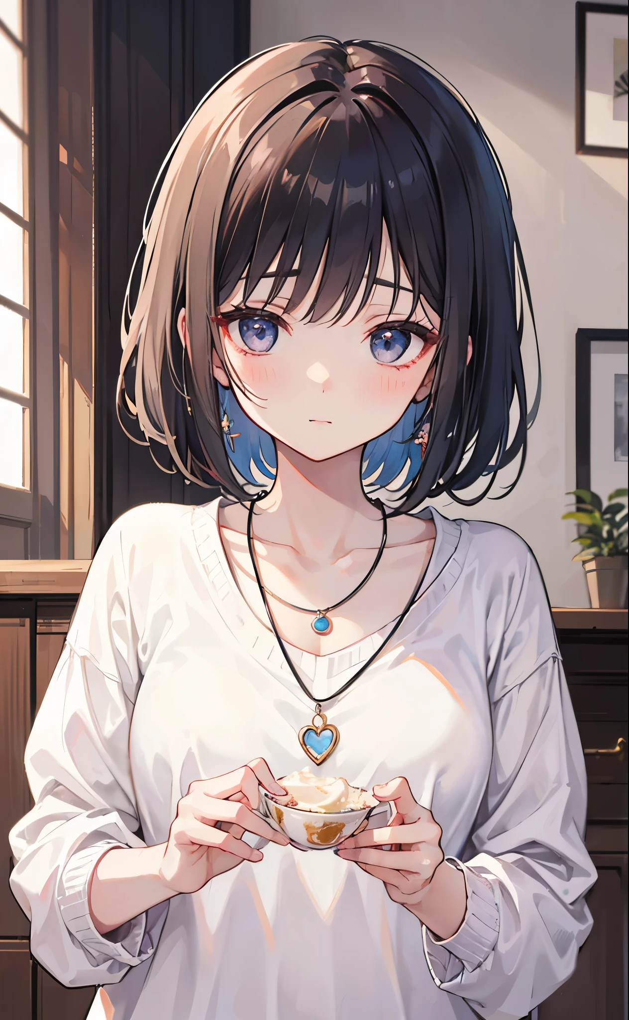 Yumi，Beautiful and lovely sister，fragrant, Soft, Sticky sweet sound，Milky white sweater，white silk，necklace，Black Hair，beautiful，White and tender