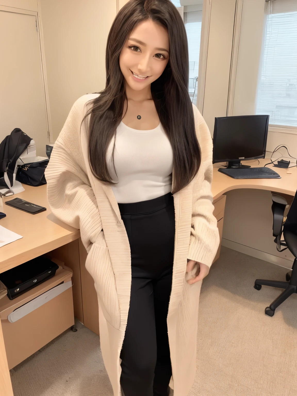 Full body photo of a sexy Japanese beauty。(Hairstyle)Her forehead is visible due to her long, straight, jet black hair.。(face)faceが平で頬骨が高く四角いface。(eye)細eyeで吊り上がっている。(nose)eye立たない小さいnose。(lips)分厚いlips。(ear)小さいear。(teeth)白く整ったteeth並び。(system)Tall and sexy body。(clothing)セクシーなsystemが分かるスーツ。(place)In a large, spacious office。