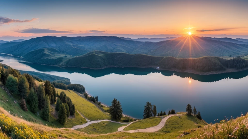 Panorama of beautiful sunrise over lake
