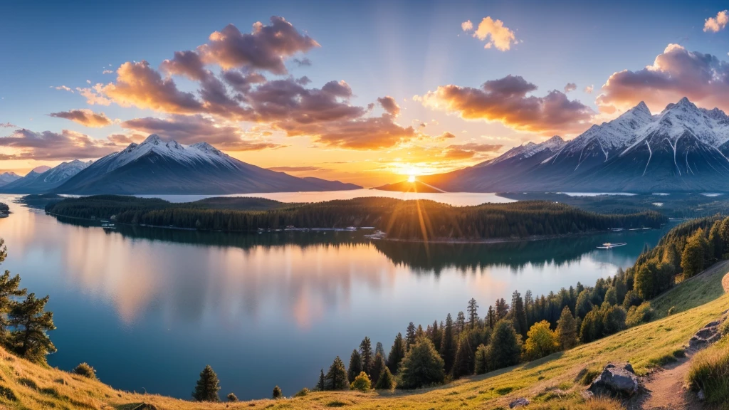 Panorama of beautiful sunrise over lake