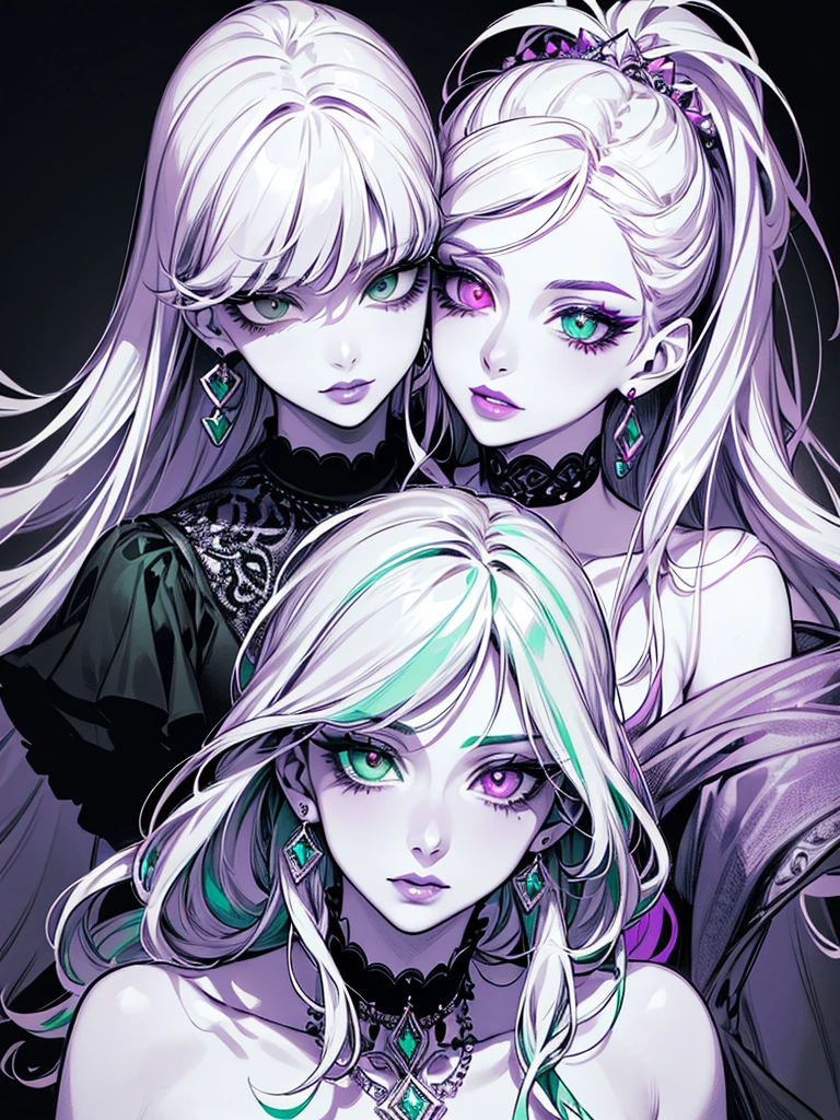 (monochrome:1.3), only eyes and lips in color, face focus, best quality, super fine, 16k, incredibly absurdres, extremely detailed, delicate and dynamic, cool and beautiful pretty woman, silver messy hair, (heterochromia, emerald green eye, purple eye), brightly colored tattoos on the neck, necklaces, chokers, earrings and accessories, glossy red lips, portrait