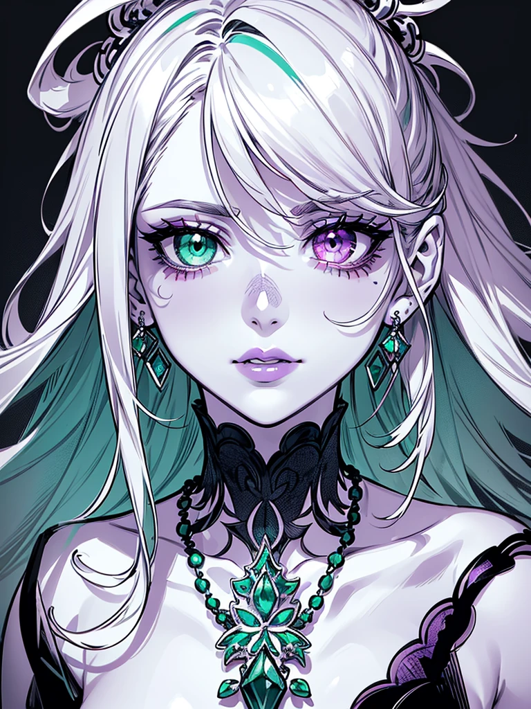(monochrome:1.3), only eyes and lips in color, face focus, best quality, super fine, 16k, incredibly absurdres, extremely detailed, delicate and dynamic, cool and beautiful pretty woman, silver messy hair, (heterochromia, emerald green eye, purple eye), brightly colored tattoos on the neck, necklaces, chokers, earrings and accessories, glossy red lips, portrait
