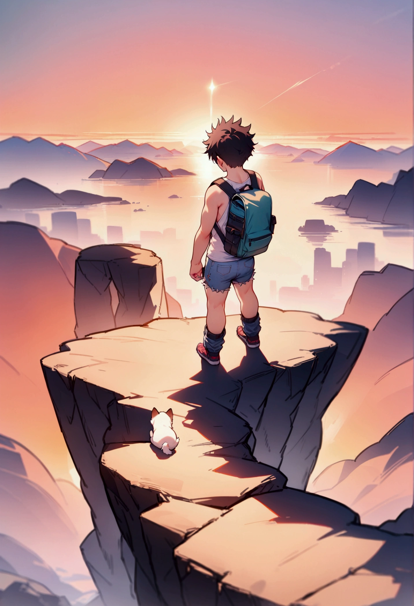 best quality, masterpiece, 8K, HD, a young man with short spiky hair, wearing plain white tank top and ripped denim booty shorts, camping backpack, standing on edge of very high cliff, puppy beside him, metropolitan city in the background, sunrise, back view, vibrant colors, full body, highly detailed