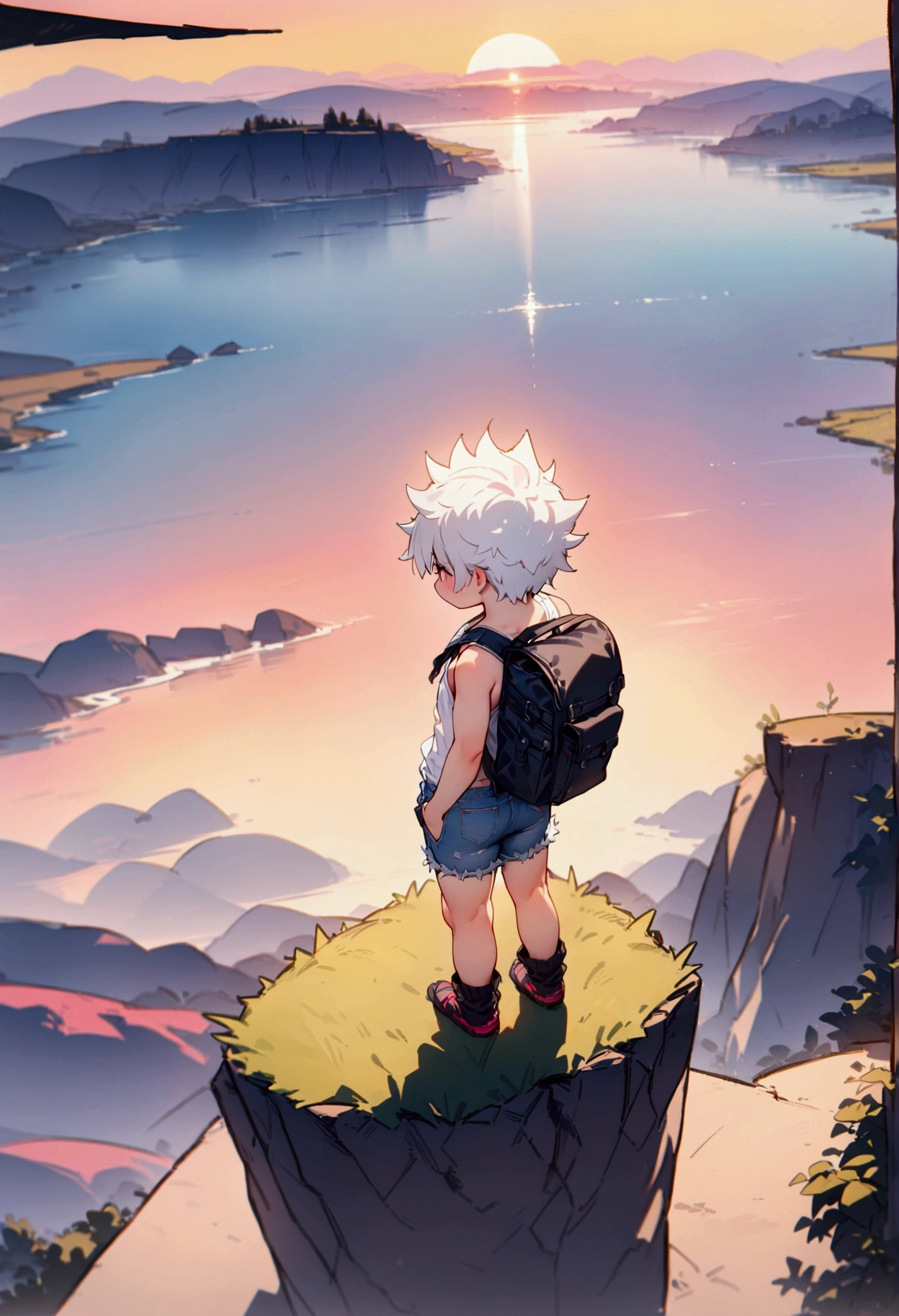 best quality, masterpiece, 8K, HD, a young man with short spiky hair, wearing plain white tank top and ripped denim booty shorts, camping backpack, standing on edge of very high cliff, puppy beside him, metropolitan city in the background, sunrise, back view, vibrant colors, full body, highly detailed