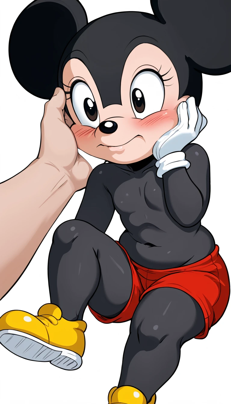 Furry, Mickey Mouse, shortstack, short stature, slightly blushed, cartoon, white gloves, red shorts, naked chest, yellow shoes, black body, close up on face, human hand on cheek, cheek caressing