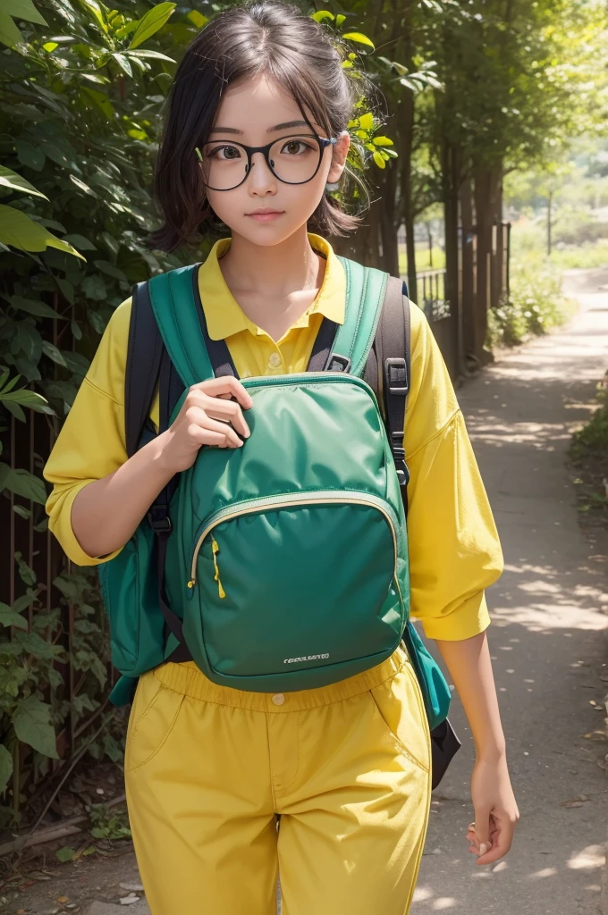 a very light green girl with a rock backpack with big glasses, a yellow shirt and yellow pants, she has blue energy in her hands and from her backpack comes out several number codes with 0 and 1, the girl is very short, as it were. a