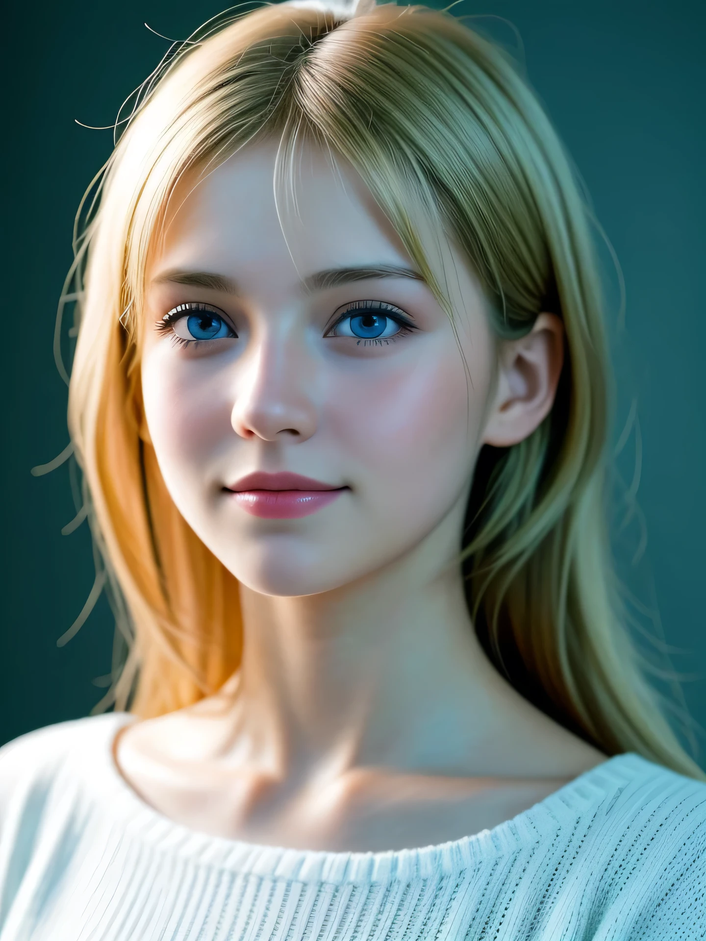 (Photo Real:1.4), (hyper realisitic:1.4), (Smooth lighting:1.05), 1 girl, teenager, blue eyes, happy, shy, smile, (looking away:1.2), Close-up of the face, Soft lighting, Back lighting, (Finest Real Textured Skins), Super fine face, glowy skin, retinas, Anatomically correct, (Blonde Wavy medium hair:1.1), bangs, Textured skin, High quality, high details, Best Quality, High resolution, sweater