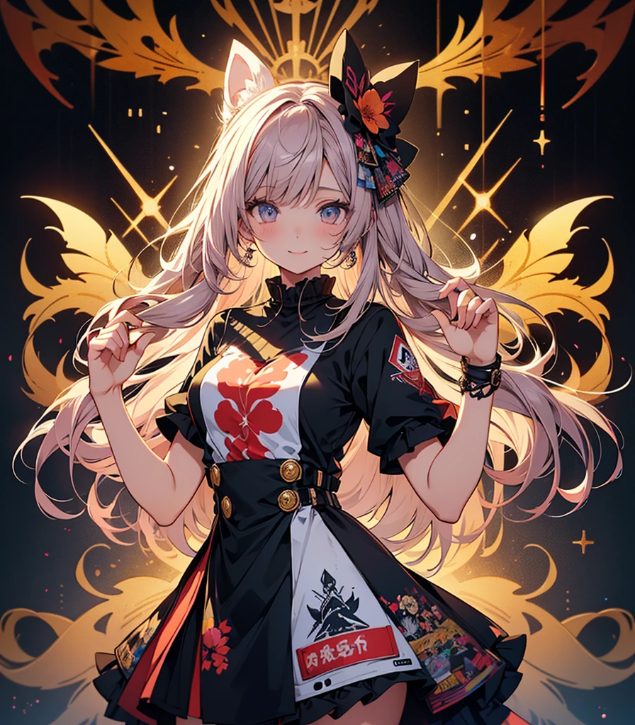 masterpiece, super high quality, ( Highly detailed original illustration),( Expression of joy, Perfect Eyes, Long Hair, smile,whole body, Perfect body),Dancing, ((Streetwear,Parker Fashion)), ((Hana Sakura)(graffiti)), Double exposure, A fluid fusion of abstract art, Glitch, ( 2D), ( Original illustration composition), ( Limited edition color fusion, Maximalism art style, Geometric art style, fire, Junk Art), Yellow theme, Background Black