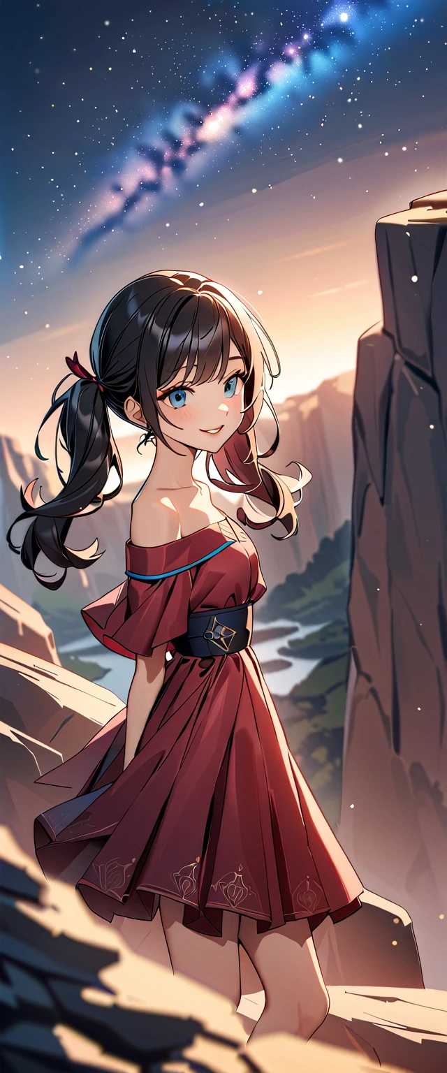 Photo of a high school girl with natural skin, Upper Body, With arms outstretched, Looking at the camera, Smiling, with twin tails and black hair with red mesh, Sharp eyes with blue eyeshadow, A thin, upturned nose, Well-shaped lips, Off-the-shoulder dress, Decorated clothing, barefoot, Makeup, Exquisitely crafted with the utmost attention to detail, Vibrant, amazing, Smooth, Cinematic, 4K, Backlight, ((Atop a cliff with a beautiful starry sky, Cliff)), Shallow depth of field, ((Detailed eyes:1.3, Detailed lips:1.3, high quality, )), masterpiece, Super detailed images, High quality