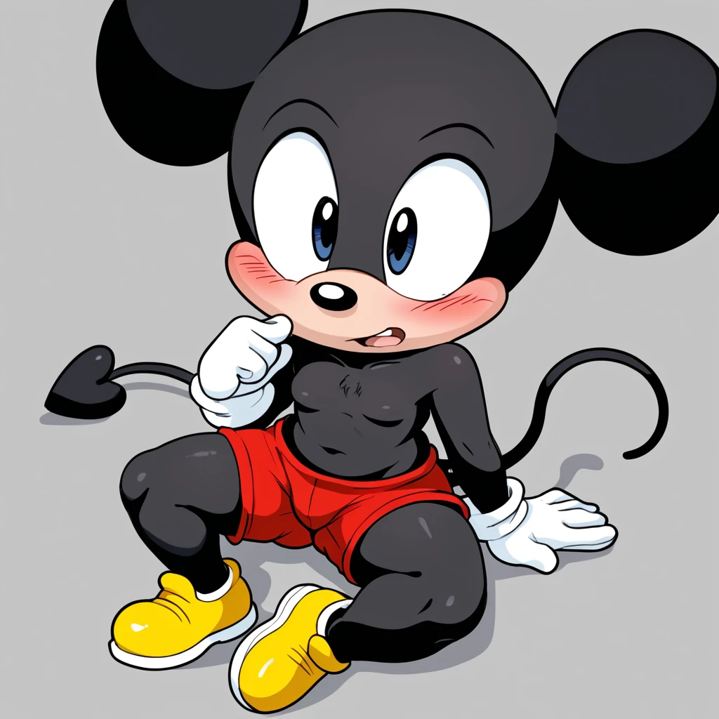Furry, Mickey Mouse, shortstack, slightly blushed, cartoon, white gloves, red shorts, naked chest, yellow shoes, black body,