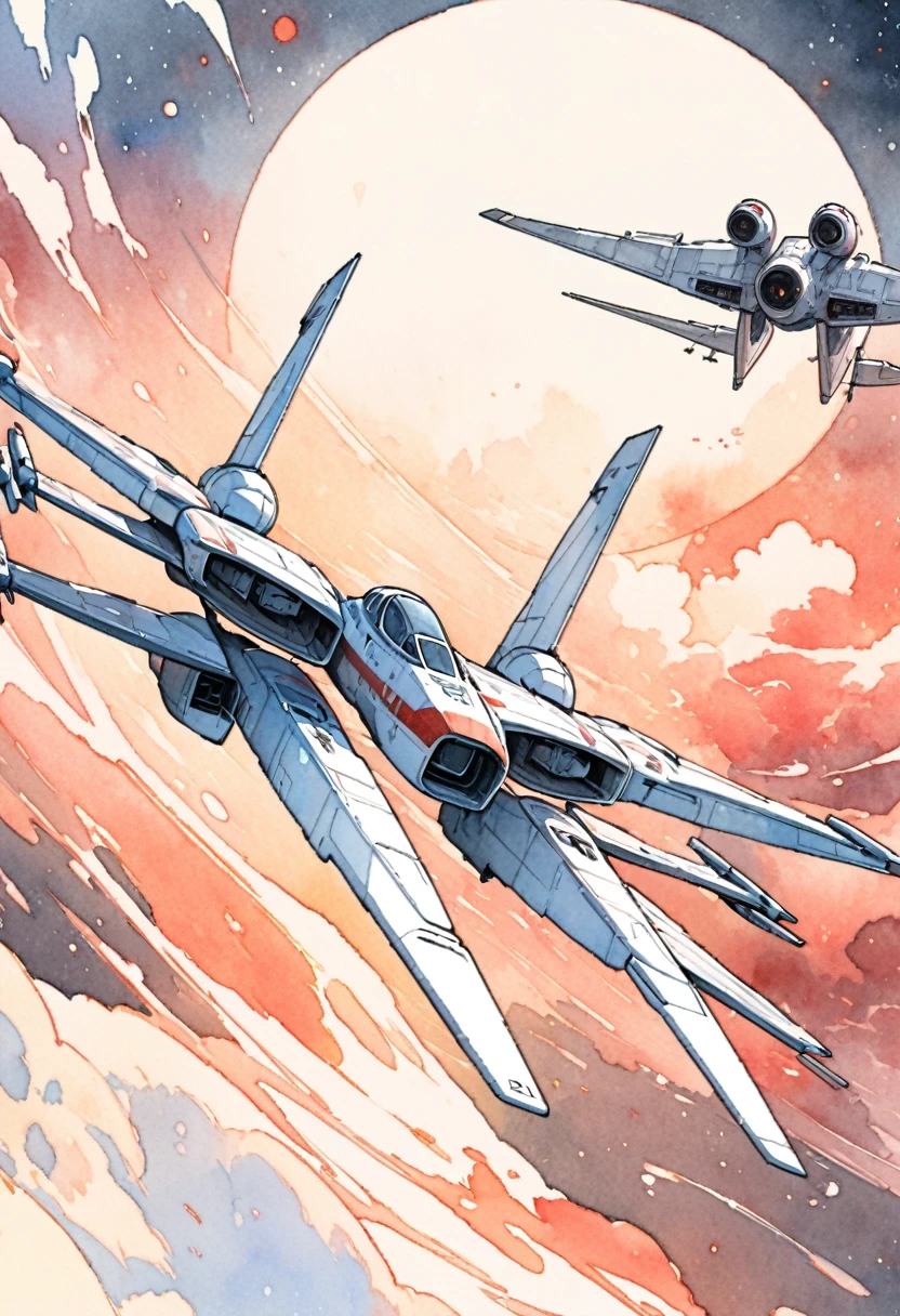 (masterpiece),(best quality),(Very detailed),(high resolution),((Line Art)),((watercolor)),8K,wallpaper,X-wing,Star Wars,((universe)),Dynamic