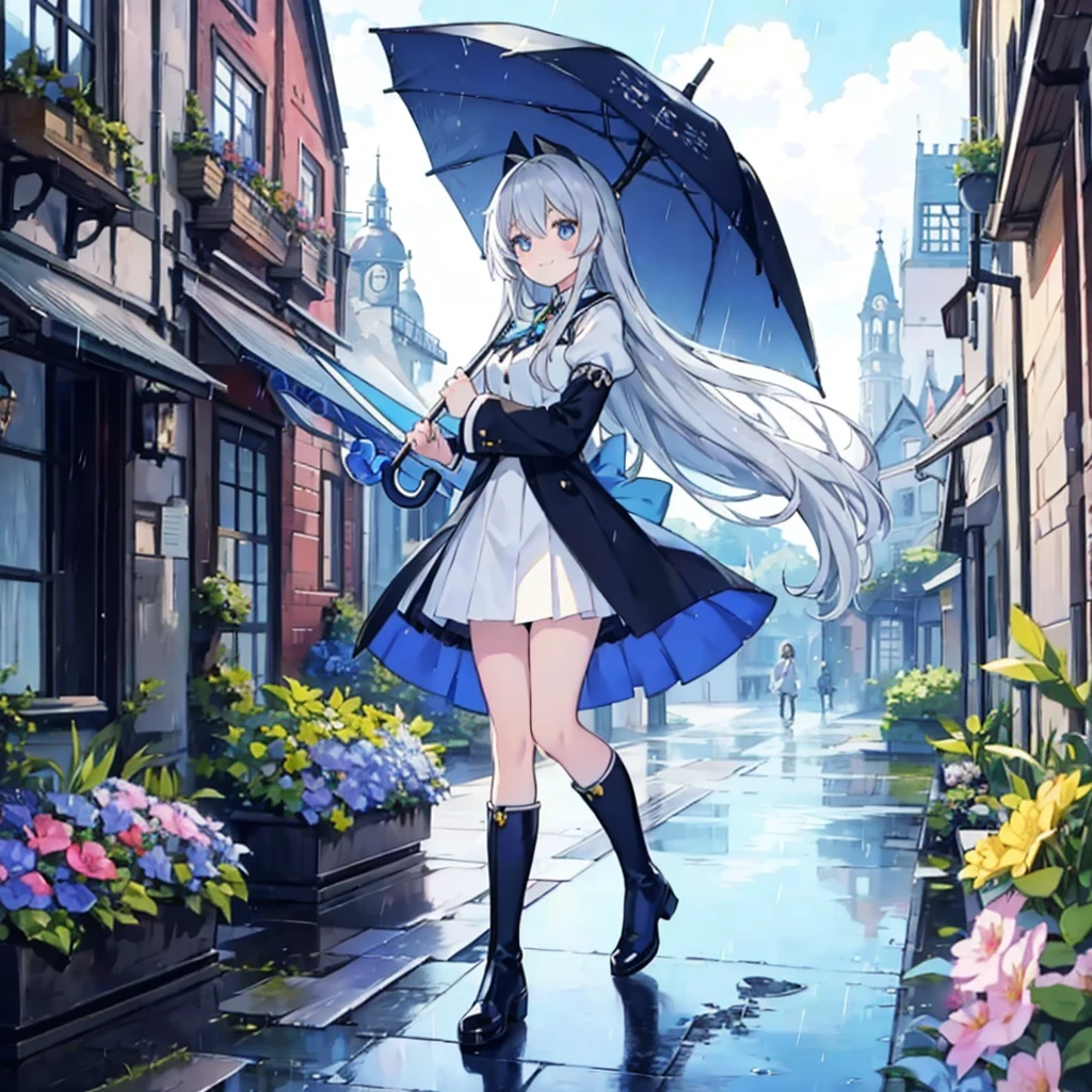 kawaii, anime, Cute, hyper quality, highly detailed, 16k, Front facing, Clarity, full body, smile, one girl, university student, long silver hair, lapis lazuli eyes, bell accessories, butler uniform, black butler uniform, walk through the medieval town, fantasy world, It's raining lightly, have an umbrella, high cut boots, noble, clock tower, puddle, A city planted with flowers, bright sky, light drifts,