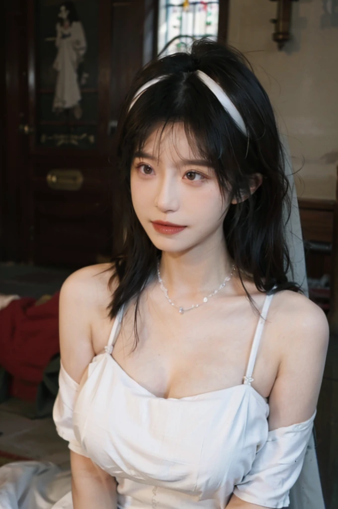 Portrait photography，1 girl，church，White Wedding Dress，White veil，Beautiful wedding dress，Bare shoulders，Lipstick，(Big Breasts:1.6)，Shoulder-Length Wavy Hair，Wear a necklace，Headband，serene，calm，(Realistic and detailed eyes，Natural skin texture，Realistic facial details)，