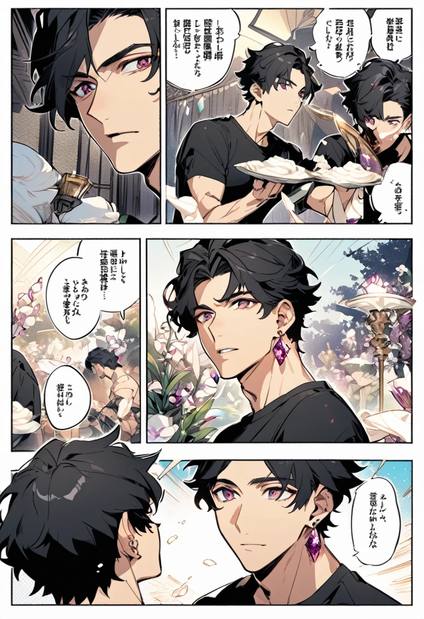 A handsome black-haired man. He was wearing a plain black T-shirt,The T-shirt is covered with cream,Wearing burgundy sparkling crystal earrings. He has a pair of eyes as bright as orchids. Comic Style.