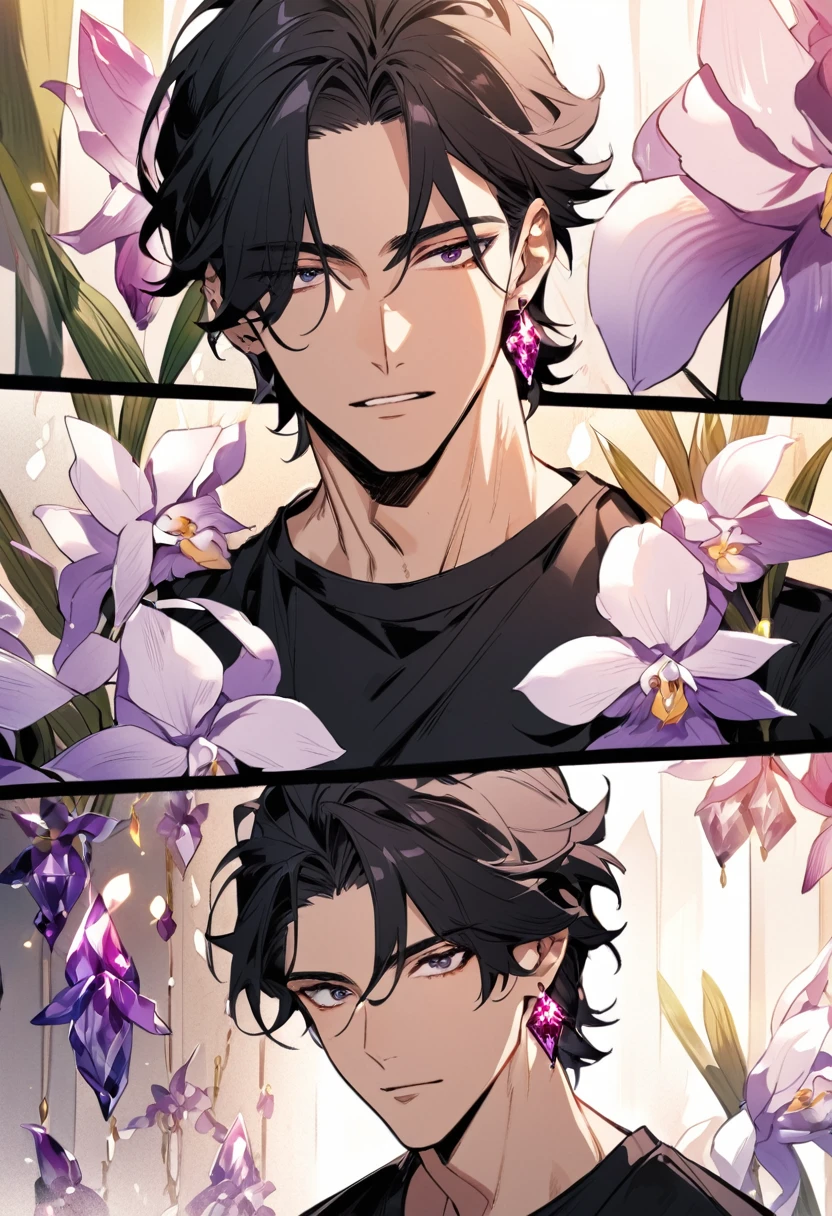 A handsome black-haired man. He was wearing a plain black T-shirt，The T-shirt is covered with cream，Wearing burgundy sparkling crystal earrings. He has a pair of eyes as bright as orchids. Comic Style.