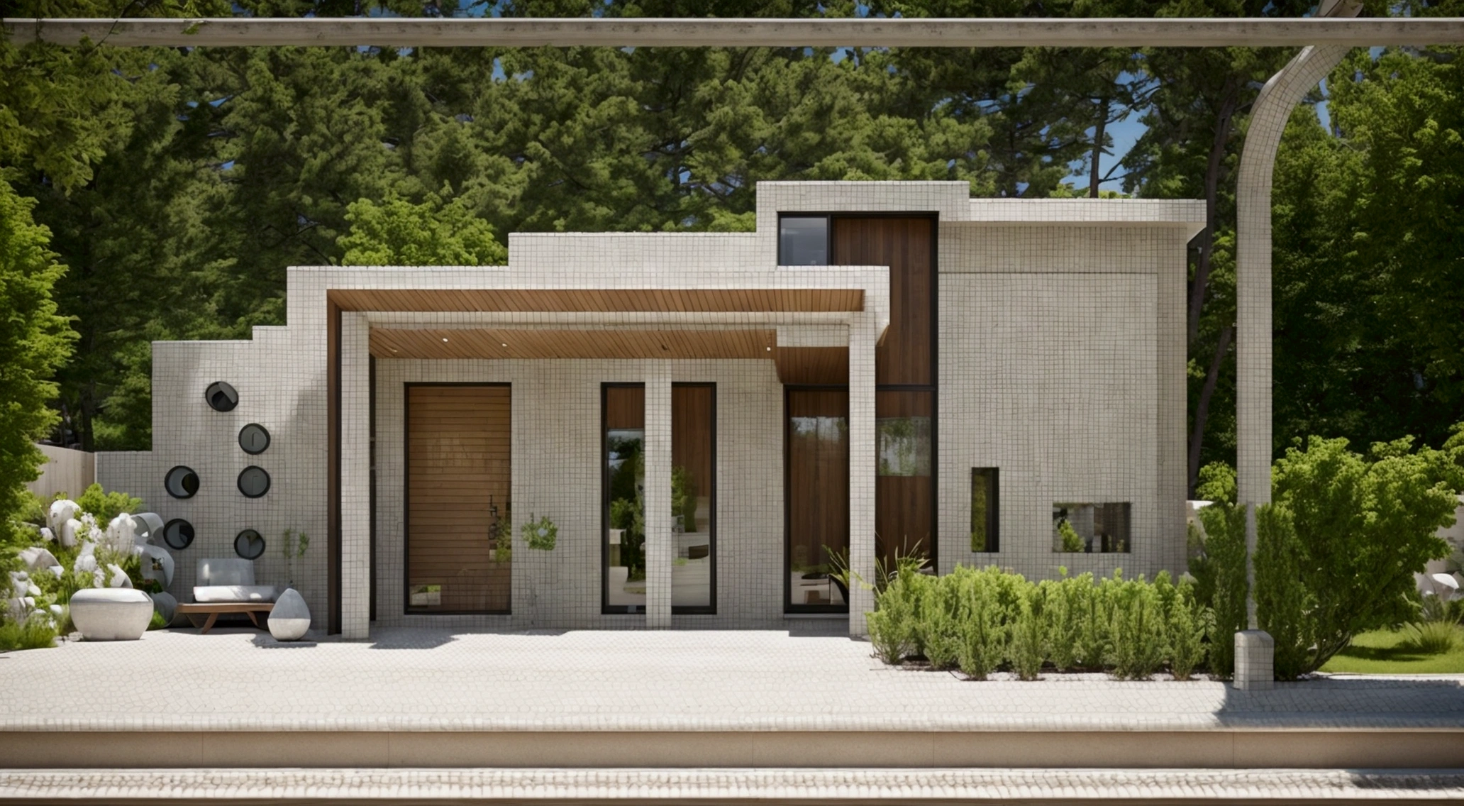 Exterior A single-story modern house with a flat roof, featuring white and brown walls with decorative stone details. The house has large glass doors and windows, wooden ceilings, aluminum panels, surrounded by trees, flowers and green lawns. The scene is bathed in soft morning light. Modern and simple interior. Hyper-realistic, photorealistic, 8K, ultra-high resolution images