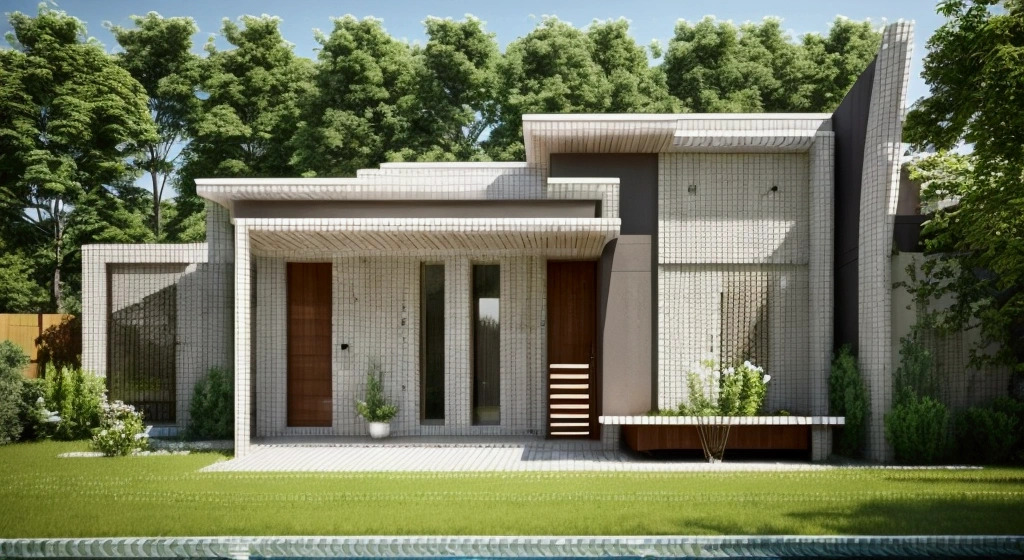 Exterior A single-story modern house with a flat roof, featuring white and brown walls with decorative stone details. The house has large glass doors and windows, wooden ceilings, aluminum panels, surrounded by trees, flowers and green lawns. The scene is bathed in soft morning light. Modern and simple interior. Hyper-realistic, photorealistic, 8K, ultra-high resolution images