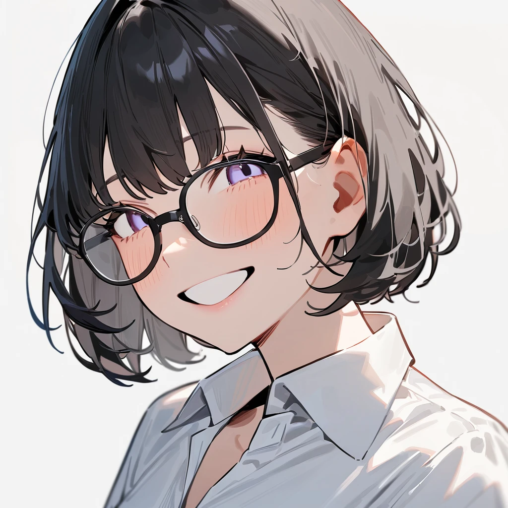 masterpiece, Highest quality, so beautiful, Absurd,
One girl, alone, Black Hair, Bobcut,
Thermont 16A, Glasses, 
Collared shirt, Happy, smile, View your viewers, Glassesの調整, White Background, Simple Background,
 