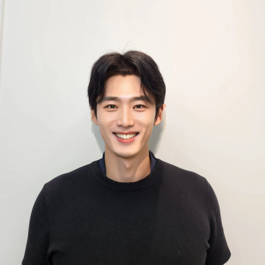 Best Quality, 8k, Masterpiece, (Portrait: 1.3), (photo realistic:1.4), (hyper realistic:1.4), Sharp Focus, looking at viewer, (smoother lighting:1.1), (increase cinematic lighting quality:0.9), realistic lighting, backlighting, light on face, ray trace, (brightening light:1.2), (Increase quality:1.4), sharp detail, (best quality real texture skin:1.4), finely detailed eyes, black_eyes, finely detailed face, 25 year old Korean man,smiling_face
