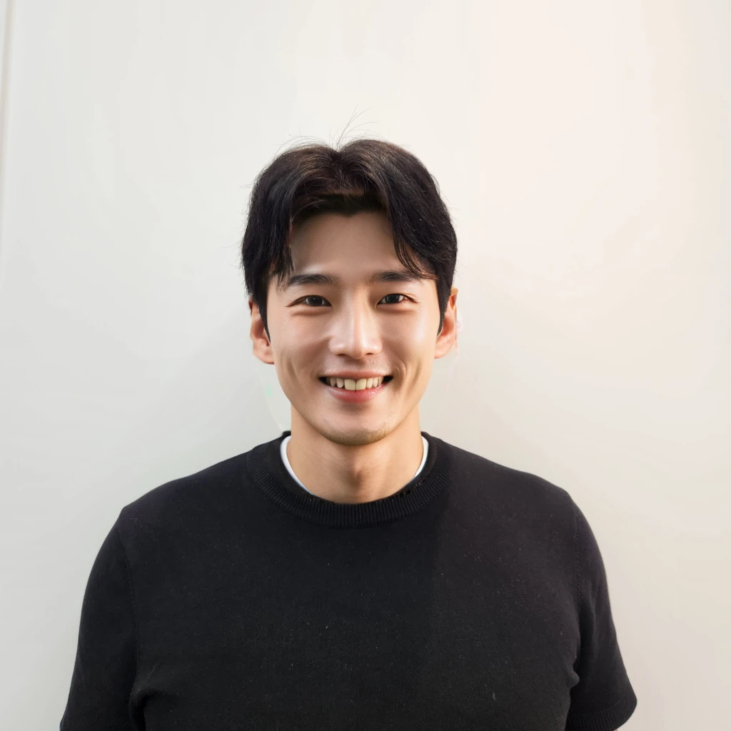 Best Quality, 8k, Masterpiece, (Portrait: 1.3), (photo realistic:1.4), (hyper realistic:1.4), Sharp Focus, looking at viewer, (smoother lighting:1.1), (increase cinematic lighting quality:0.9), realistic lighting, backlighting, light on face, ray trace, (brightening light:1.2), (Increase quality:1.4), sharp detail, (best quality real texture skin:1.4), finely detailed eyes, black_eyes, finely detailed face, 25 year old Korean man,smiling_face