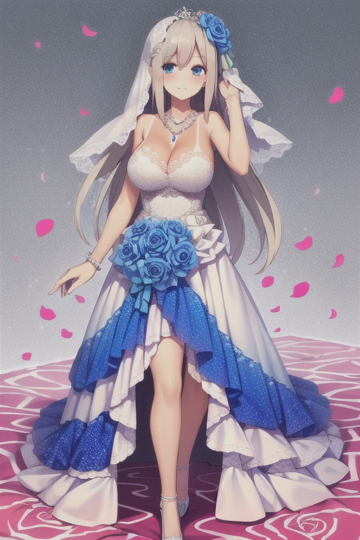 ((masterpiece)), (((best quality))), ((ultra-detailed)), ((illustration)), ((disheveled hair)), ((frills)), (1 girl), (solo)，1girl，alternative costume, blonde hair, blue eyes, blue flower, blue rose, blush, bouquet, breasts, bridal veil, bug, butterfly, choker, cleavage, clothing, crown, dress, female, flower, frilled dress, frills, full body, gloves, headdress, headwear, insect, jewelry, large breasts, long hair, necklace, petals, rose, smile, tiara, veil, wedding dress, white dress, white gloves,