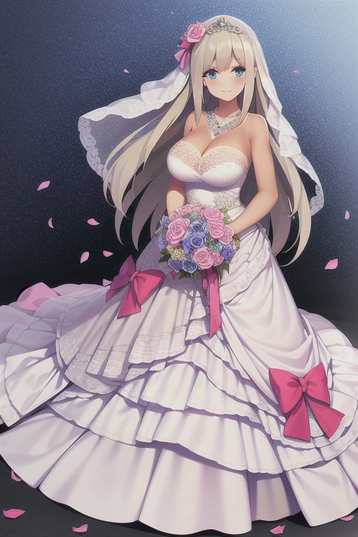 ((Best quality))),((Ultra-detailed)),((illustration)),((Disheveled hair)),((frilld)),(1 girl),(Solo),
1girl,blue bow,blue eyes,blue flower,blue ribbon,blue rose,bouquet,breasts,dress,flower,gradient,gradient background,grey background,jewelry,long hair,necklace,petals,rose,solo,veil,wedding dress,white dress,lexington \(warship girls r\),long dress,full body,Tan hair
