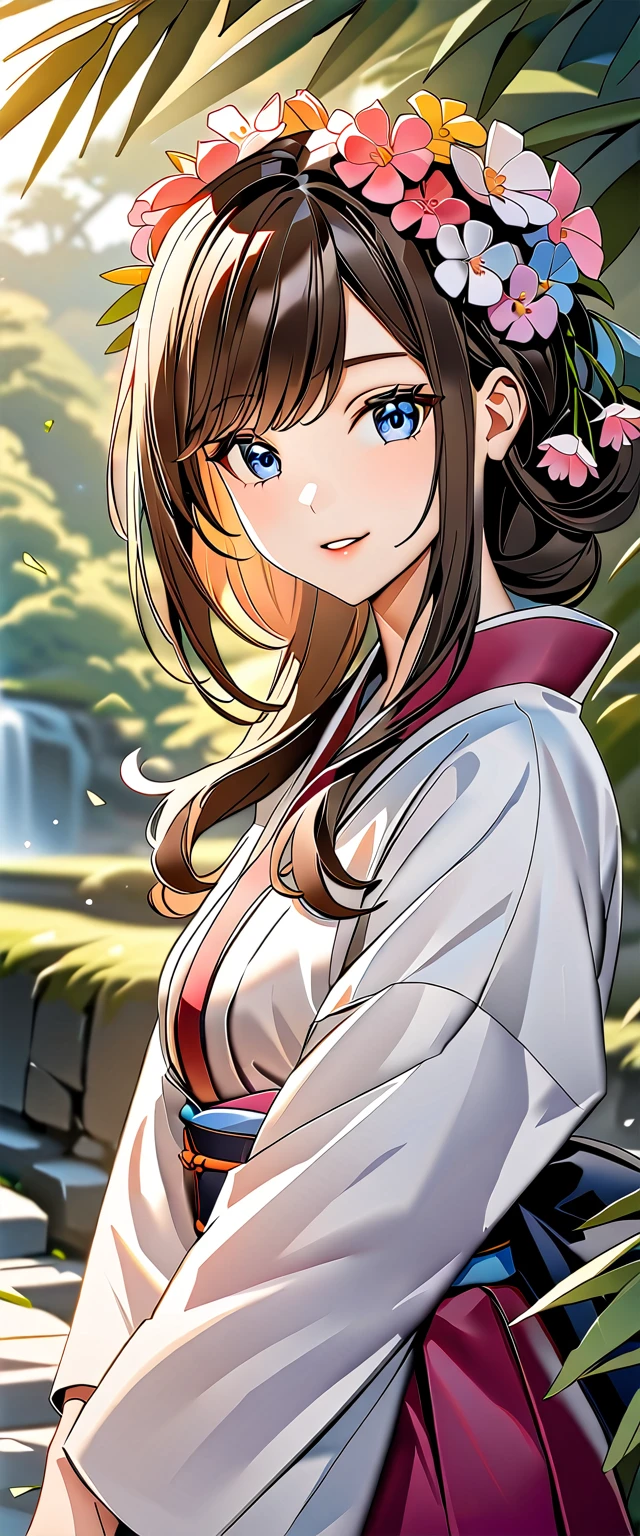 Izanami-no-Mikoto wearing a kimono with flowers on her head, Beautiful digital artwork, Beautiful digital illustrations, Beautiful digital painting, Gorgeous digital painting, Gweiz-style artwork, Photorealistic anime girl rendering, Smooth anime CG art, Beautiful digital art, Amazing digital art with great detail, Amazing digital illustrations, Detailed digital anime art, April Rendering, Beautiful anime portraits
