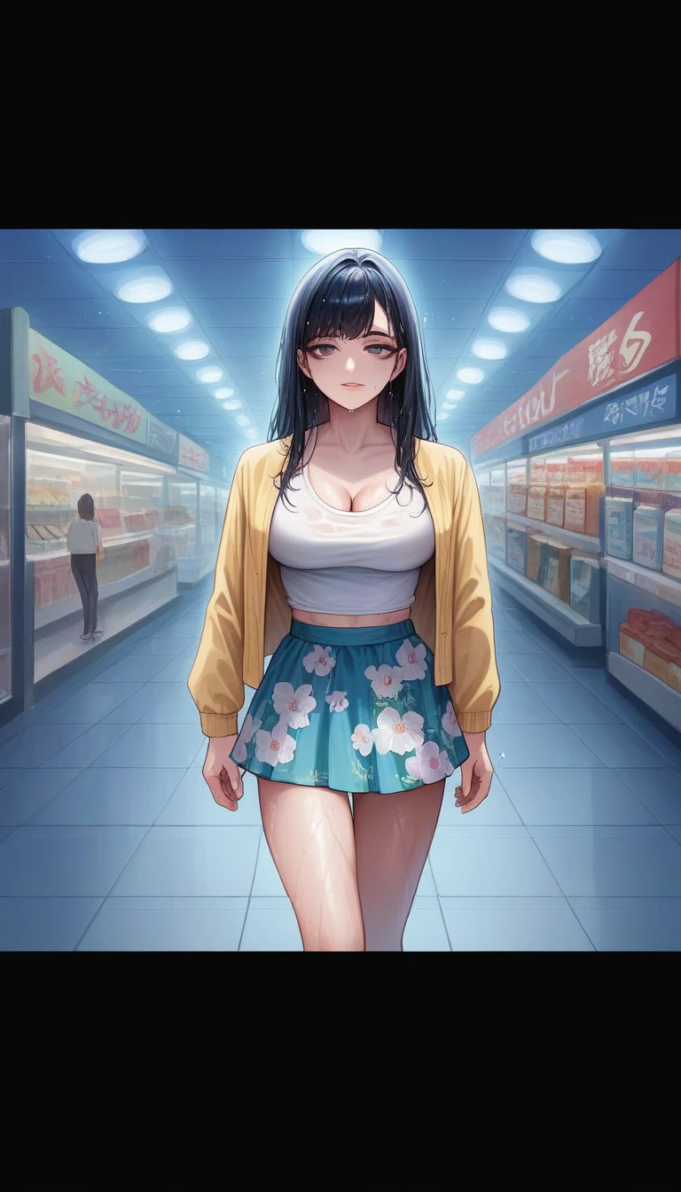 (8k, best quality, masterpiece:1,2), (realistic, photo-realistic:1,37), top quality, masterpiece, a beautiful woman, wearing a shirt for women crop v neck top white t-shirt korean fashion women t with a tight open gray color jacket, beautiful and toned body, cleavage, floral mini skirt, walking in the suburbs, slightly drizzling night background, in shops with Korean-style shop lights, night atmosphere, slightly wet asphalt, seductive smiles with dimples,