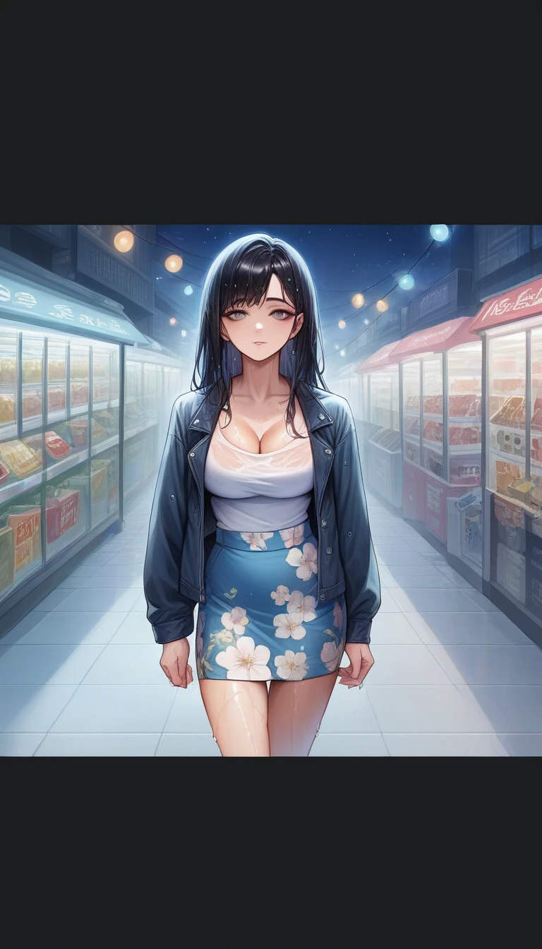 (8k, best quality, masterpiece:1,2), (realistic, photo-realistic:1,37), top quality, masterpiece, a beautiful woman, wearing a shirt for women crop v neck top white t-shirt korean fashion women t with a tight open gray color jacket, beautiful and toned body, cleavage, floral mini skirt, walking in the suburbs, slightly drizzling night background, in shops with Korean-style shop lights, night atmosphere, slightly wet asphalt, seductive smiles with dimples,