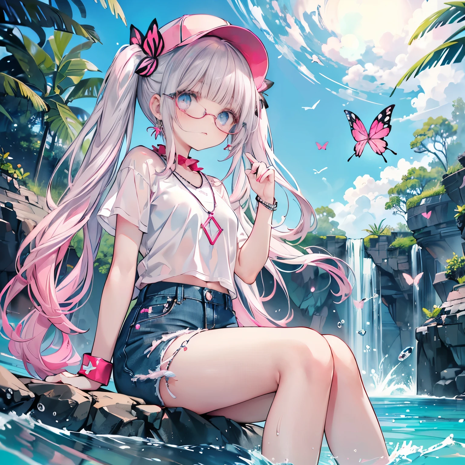 low angle,from below,((elegant blue denim baseball cap)),
(wearing elegant pink round frame glasses,circle frame),((white frilled sexy elegant cute shirt,
sexy denim hot pants)),(beautiful pink and green butterflies and fish all over the place),colorful fish,flowers,fantasy beams and lights,
((masterpiece:1.4, best quality)), ((masterpiece, best quality)),((beautiful twin tail silver pink hair,blunt bangs,beautiful cobalt blue eyes,little cute girl)),full body, flat sitting in the water,(beautiful emerald green beach,waves),(water splash,lovely laugh), (pink Lace chalker, red wristband, diamond necklace,earrings),cinematic lighting and pause,beautiful natural mysterious beach,night sky,full moon,(beautiful pink and red butterflies and fish all over the place),