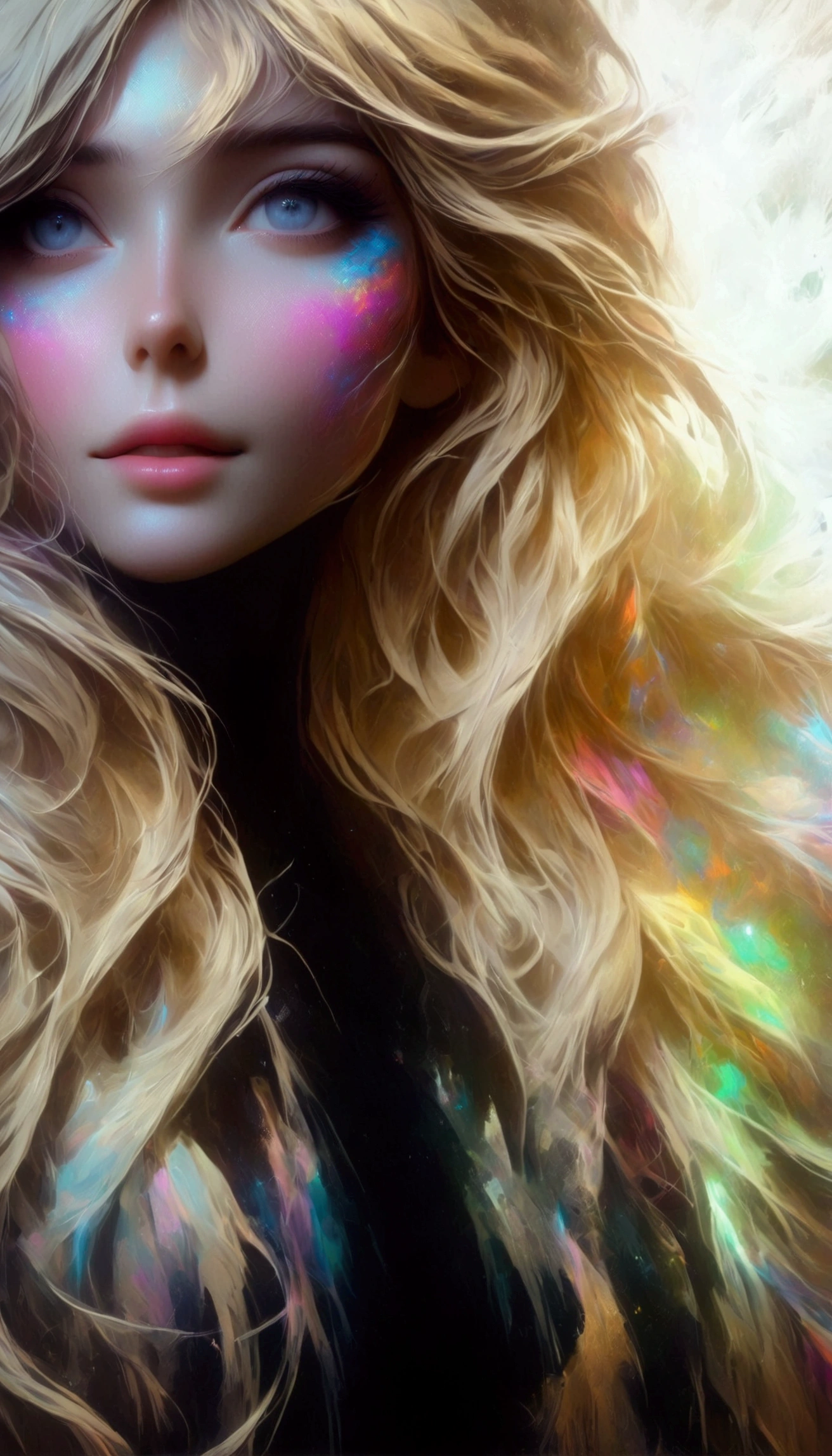 a close up of a woman with long hair and a colorful face, artwork in the style of guweiz, hair made of shimmering ghosts, guweiz, ilya kuvshinov with long hair, guweiz masterpiece, messy blond hair, with long blond hair, glowing flowing hair, a girl with blonde hair, long glowing ethereal hair