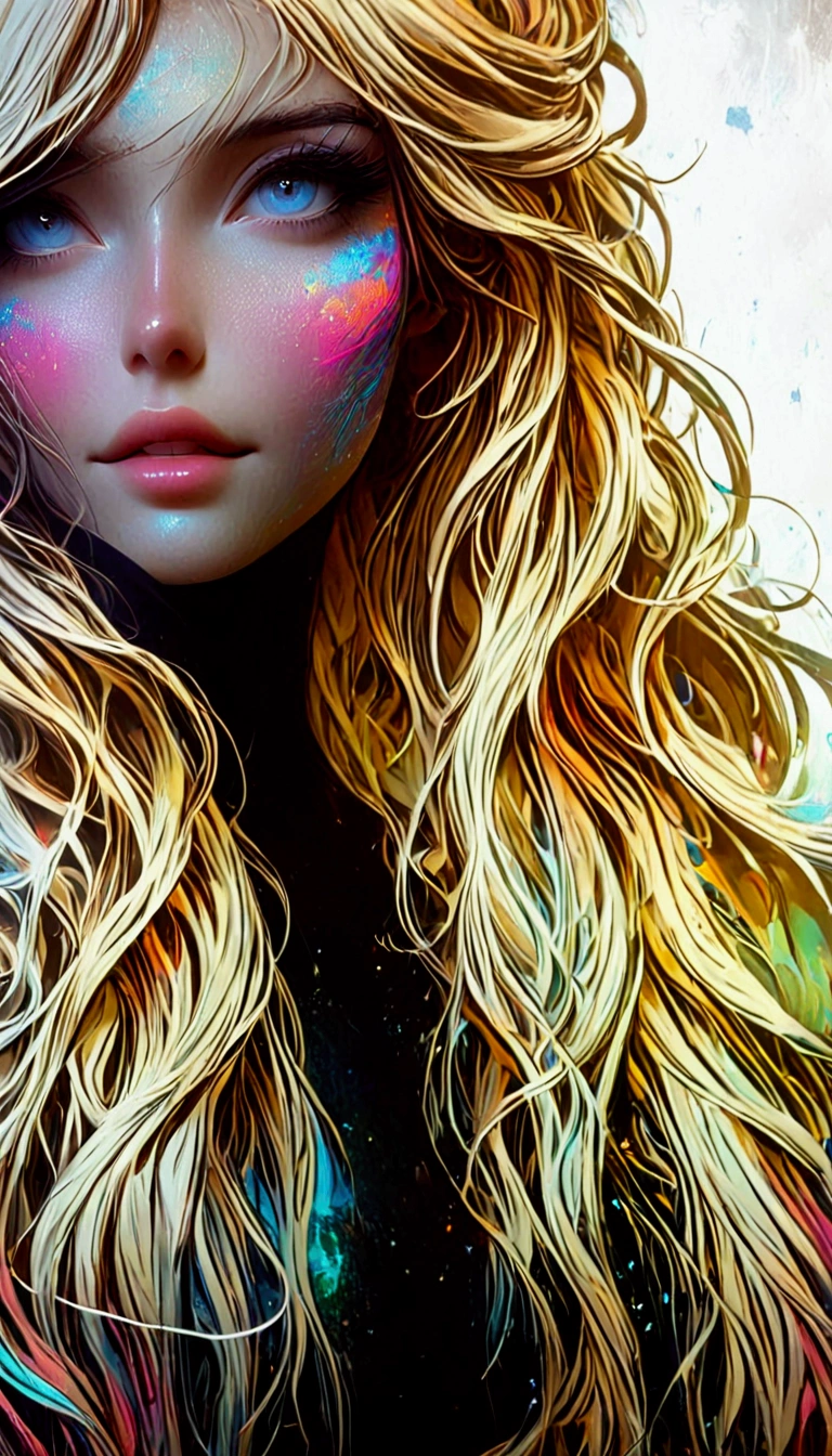 a close up of a woman with long hair and a colorful face, artwork in the style of guweiz, hair made of shimmering ghosts, guweiz, ilya kuvshinov with long hair, guweiz masterpiece, messy blond hair, with long blond hair, glowing flowing hair, a girl with blonde hair, long glowing ethereal hair