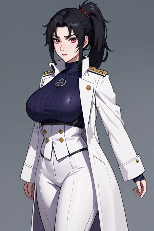 masterpiece, best quality, kurenai, folded ponytail, (white long coat), coat on shoulders,white navy soldier uniform ,(epaulettes), purple shirt, blue pants, upper body, looking at viewer, large breasts ,(hd), (full body shot), (high resolution),standing split