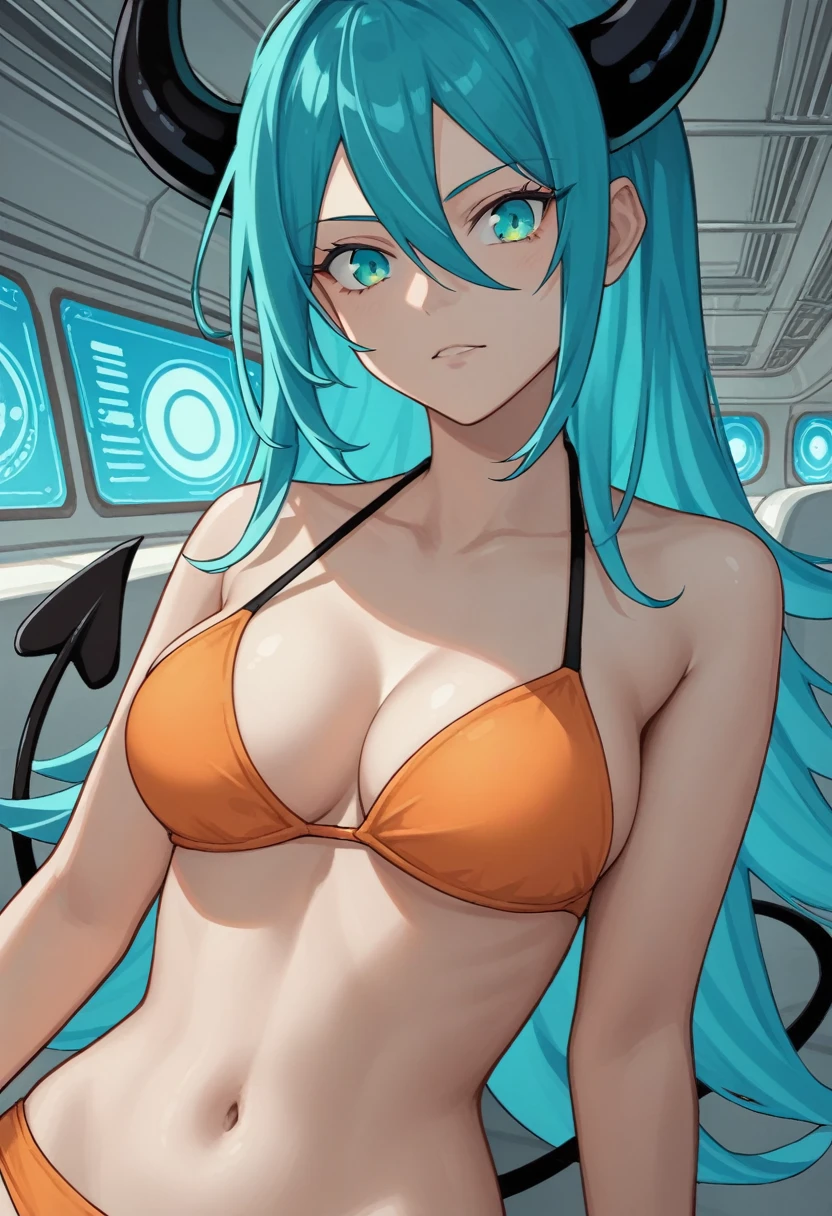 score_9, score_8_up, score_7_up,1 daemon woman, black horns, black demon tail, (aquamarine hair),aquamarine green color hair,ahoge, long hair, (long hair),bangs, light orange bikini, bikini is orange, bikini orange, orange bikini!, (aquamarine eyes), background is spaceship, aquamarine eyes, 1woman ,facing viewer, daemon girl, close up,Well-endowed, alone, Spacecraft interior, sexy pose