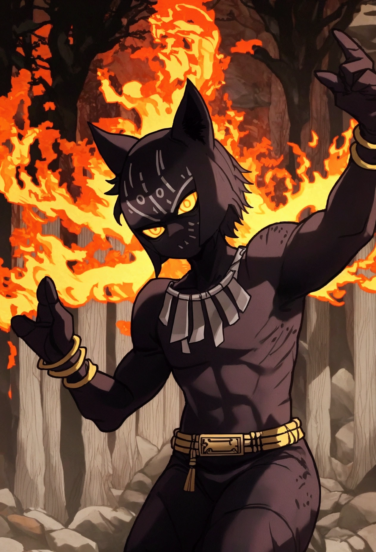 Strange monsters in a fantasy world.,Black Panther,Strong limbs,covered in flames,blood,covered with thick spike Night