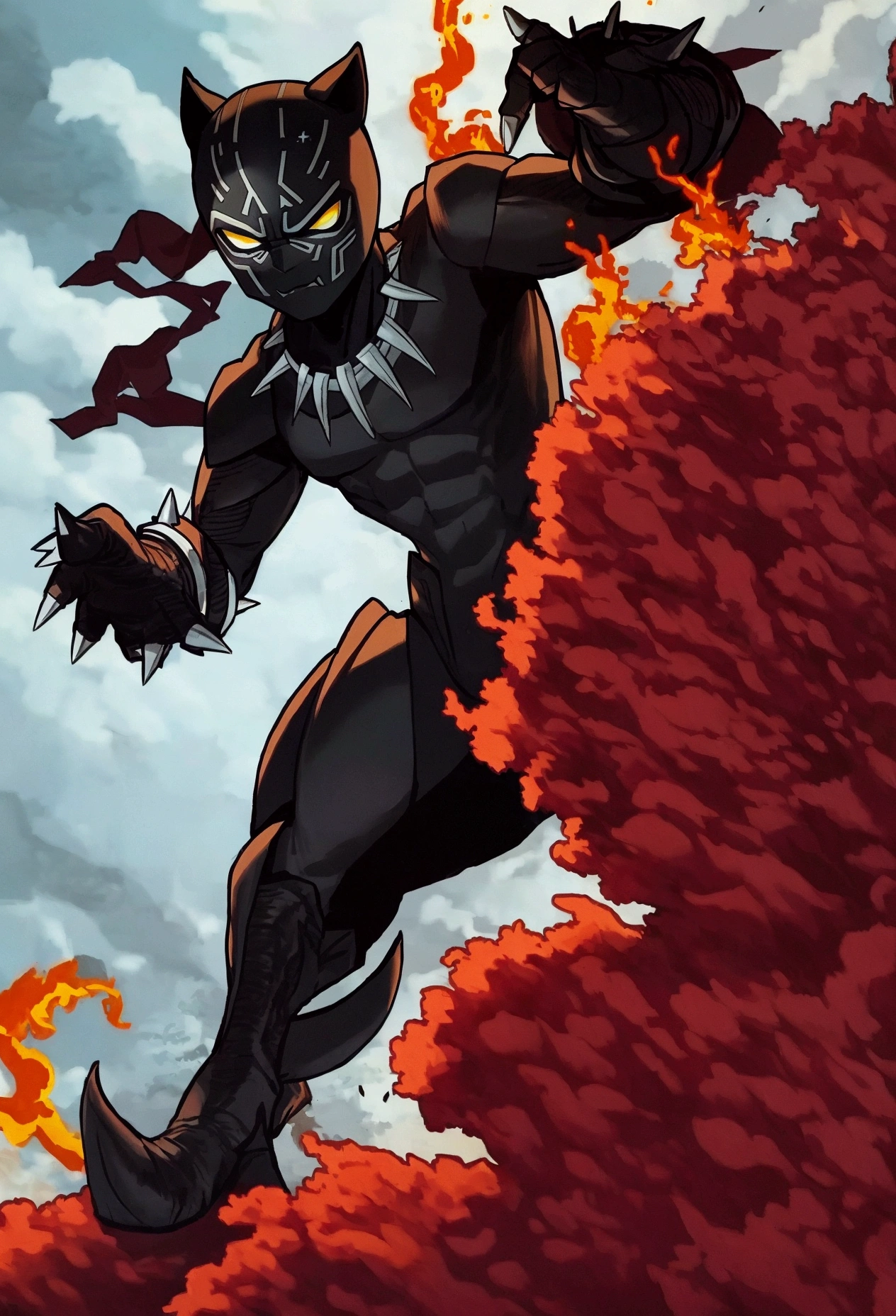 Strange monsters in a fantasy world.,Black Panther,Strong limbs,covered in flames,blood,covered with thick spike Night