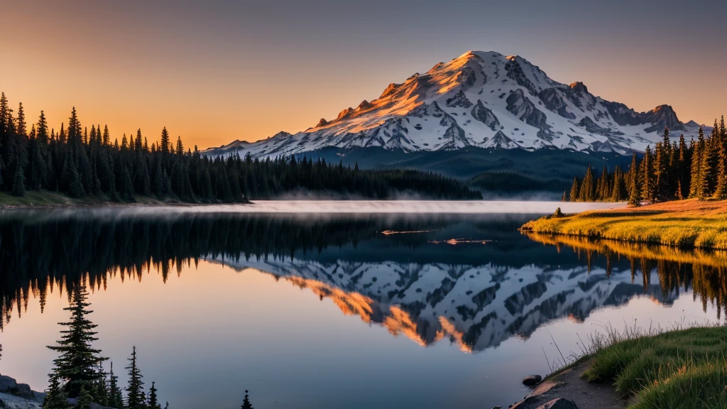 Sun setting over Mt Rainier at Tipsoo lake in Mt Rainier national park in Washington
