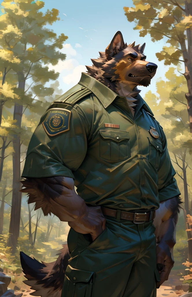 By Taran Fiddler, one man, anthro canine (irish wolfhound), hound dog breed, brown fur, dilf, wrinkly face, bushy eyebrows, wearing park ranger uniform, hands to his hips, stern facial expression, grumpy, standing infront of a ranger tower, wooded forest background