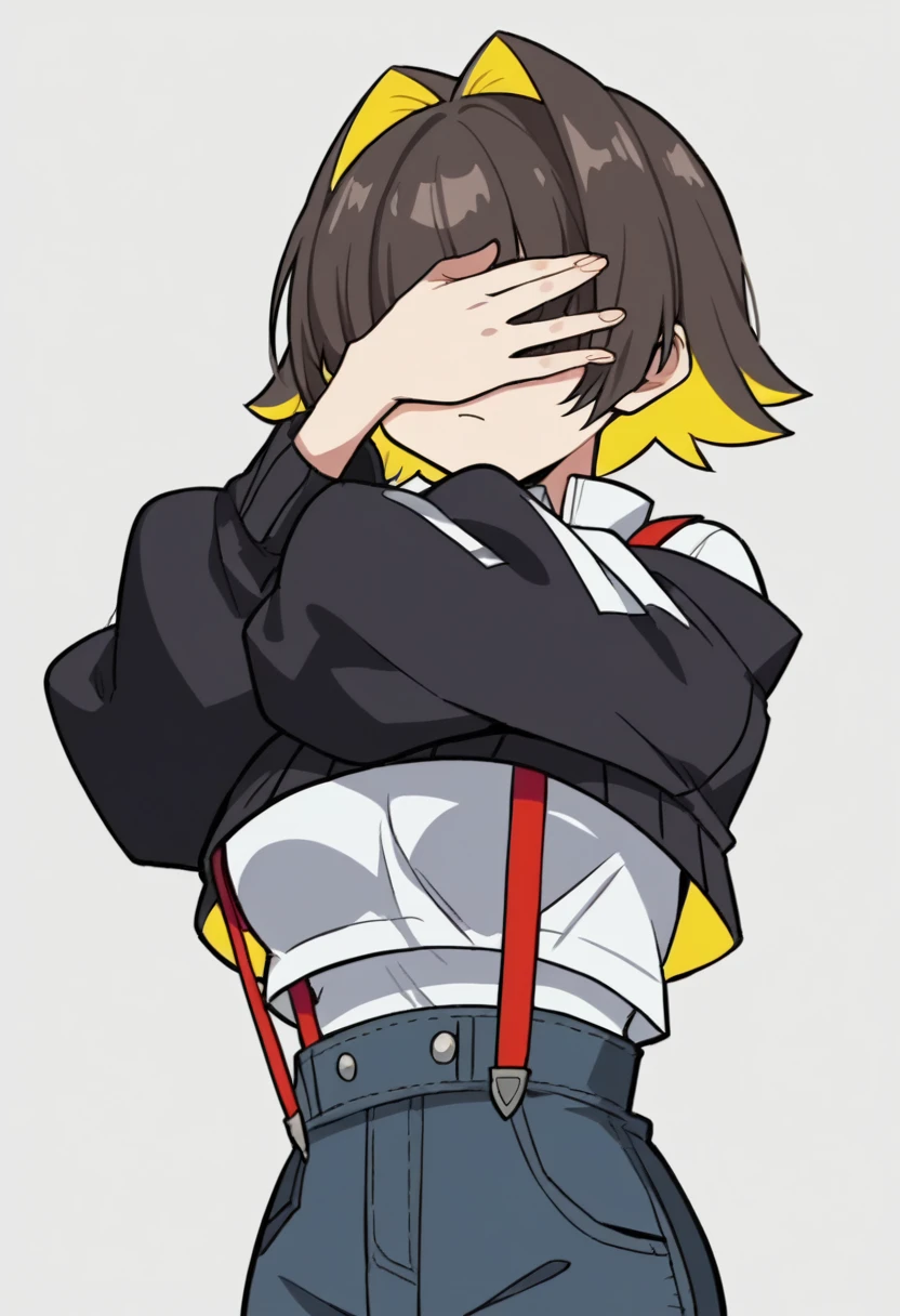 score_9, score_8_up, score_7_up, source_anime, anime_screencap, 1girl, black sweater, hair covering eyes, multicolor hair, short hair, cropped jacket, white shirt, suspenders,