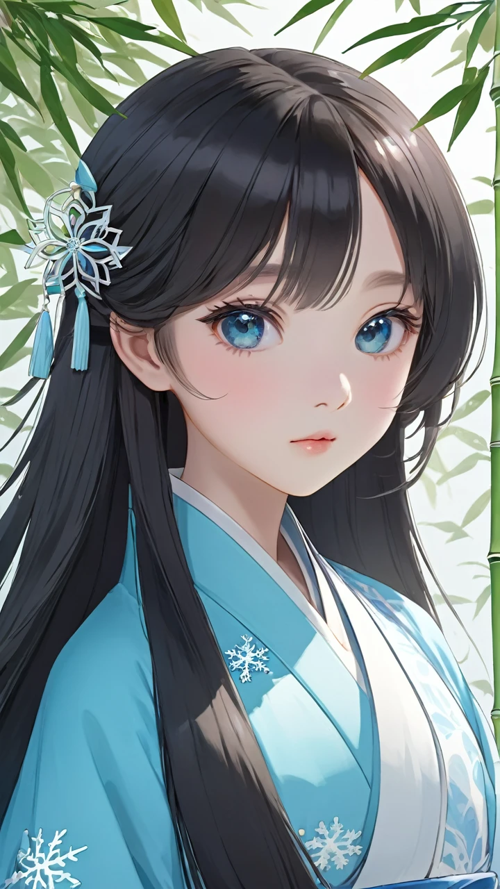 A super beautiful girl, white and cyan Hanfu, upper body, beautiful big eyes, detailed eyes, blush, beautiful long hair, pure sky, clear sunny sky, bamboo, snowflake, bright picture, distant view, plump and dynamic fiqure, exquisite facial features, oriental minimalism, circular, dramatic linear complexity, ultra realistic skin, global illumination, high quality, high detail, high resolution, ultra hd, 8k