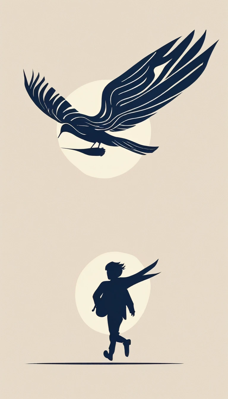 A minimal, high quality, modern, simple, cinematic symbol design for the brand “Penamemoria". The logo of a boy viewed from the back running with open arms, happy and holding an acoustic guitar in the right hand and a bird feather in the left hand while running into the horizon with open arms, almost like he is flying like a bird. The logo must convey a sense of music, stories and dreams. Logo design impressed on a book cover. Minimalistic logo