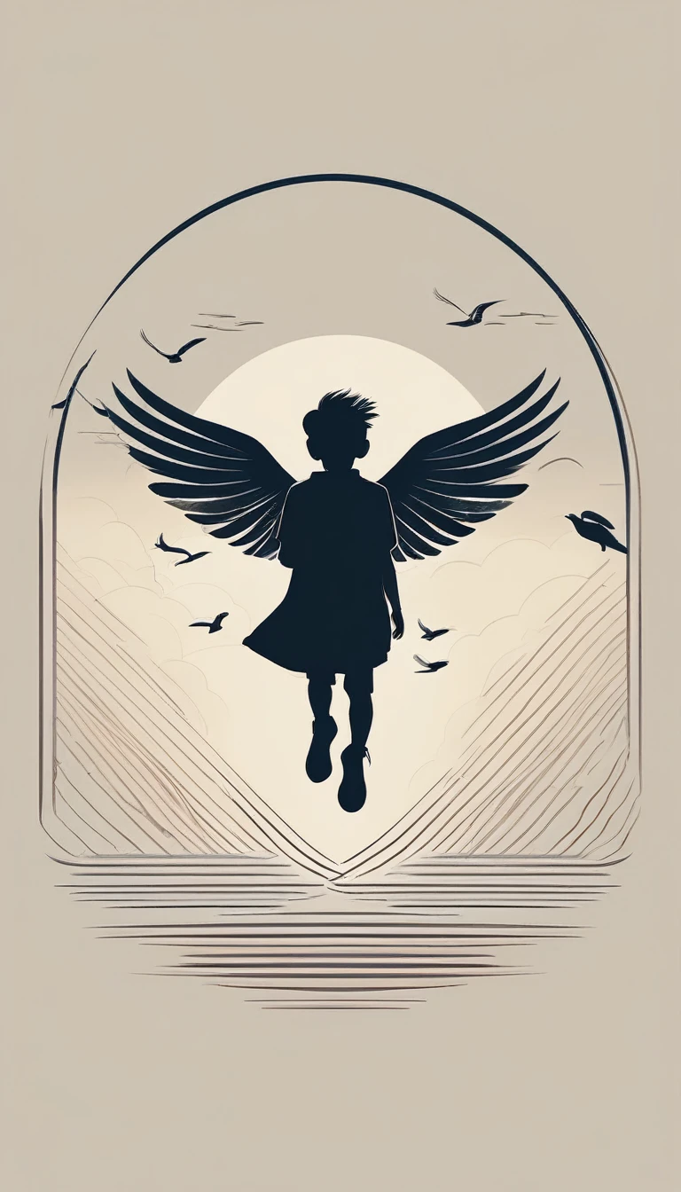 A minimal, high quality, modern, simple, cinematic symbol design for the brand “Penamemoria". The logo of a boy viewed from the back running with open arms, happy and holding an acoustic guitar in the right hand and a bird feather in the left hand while running into the horizon with open arms, almost like he is flying like a bird. The logo must convey a sense of music, stories and dreams. Logo design impressed on a book cover. Minimalistic logo