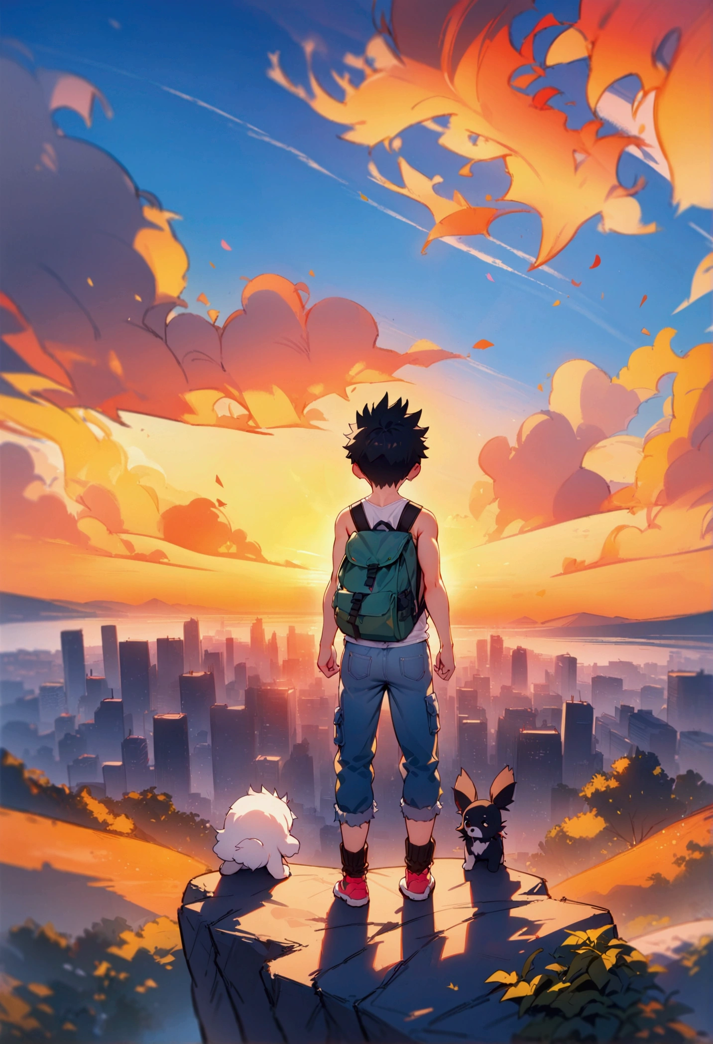 best quality, masterpiece, 8K, HD, a young man with short spiky hair, wearing plain white tank top and ripped denim booty shorts, camping backpack, standing on edge of very high cliff, barking puppy beside him, metropolitan city in the background, sunrise, back view, vibrant colors, full body, highly detailed