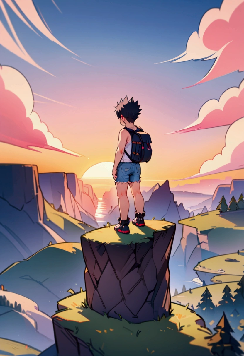 best quality, masterpiece, 8K, HD, a young man with short spiky hair, wearing plain white tank top and ripped denim booty shorts, camping backpack, standing on edge of very high cliff, barking puppy beside him, metropolitan city in the background, sunrise, back view, vibrant colors, full body, highly detailed